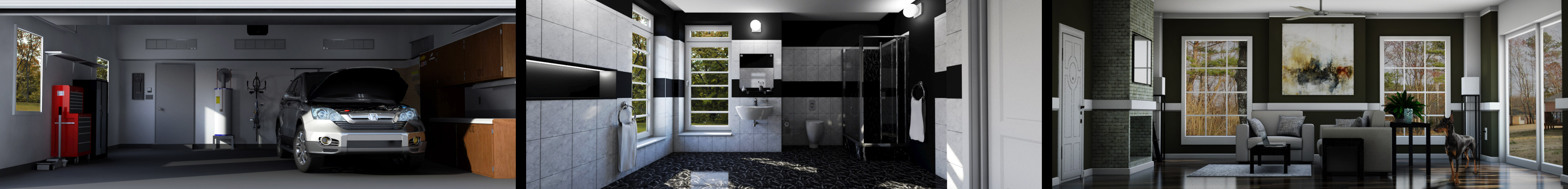 Visual map of the simulator. Garage. Bathroom. Living Room